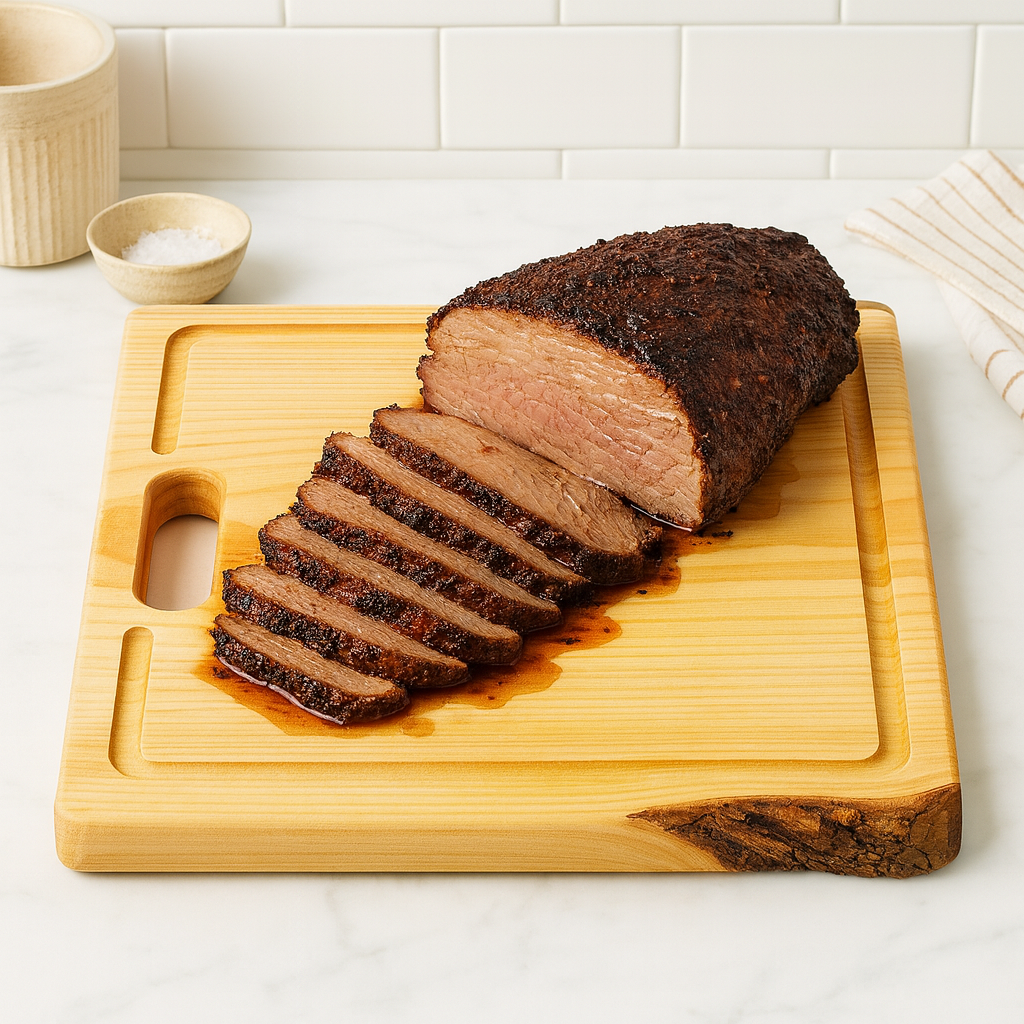 Spruce Square Cutting Board with Juice Grooves and Built-In Handle
